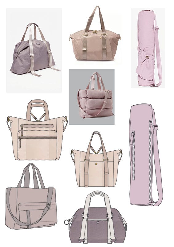 CAD designs and pictures of 9 pink bags