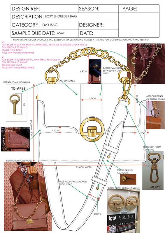 detailed technical specification pack for a boxy shoulder bag